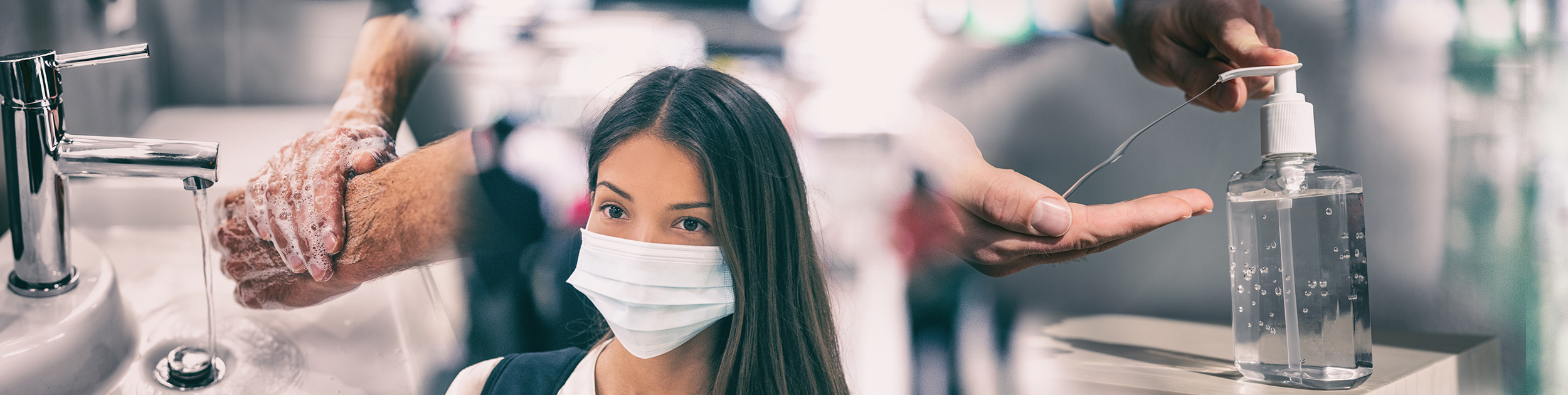 Young woman wearing a mask - behind her you can see a pair of hands being washed and a pair of hands dispensing hand sanitizer